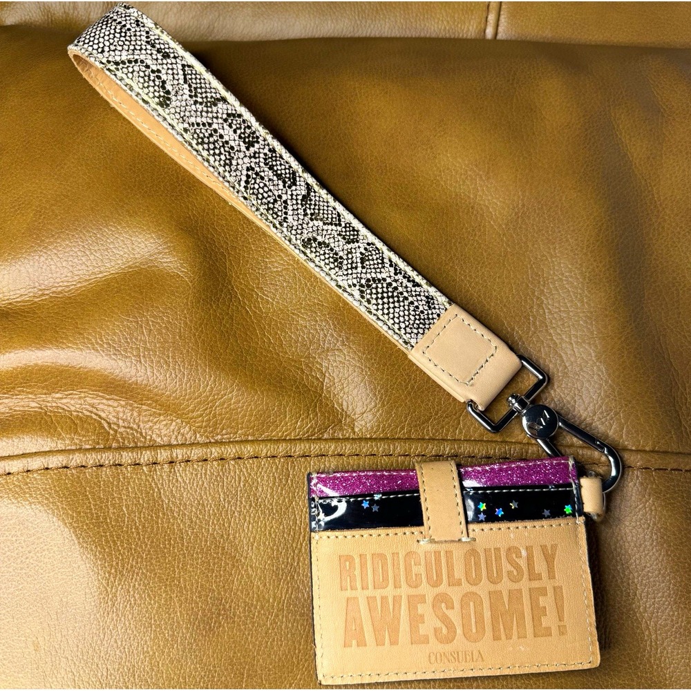 Consuela Beige Leather ID/Document Holder Snakeskin Pattern Lanyard Women's